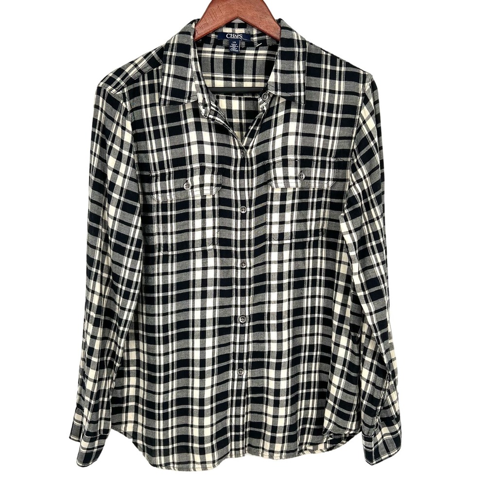 NEW NWOT Ralph Lauren Chaps Womens Sz Large Black Plaid Cozy Blouse Shirt Top